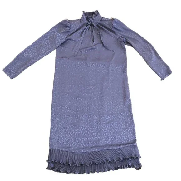 VTG 70s Iridescent Lavender Dress High Neck Ruffle Puff Sleeve Cottagecore M L - Picture 10 of 10